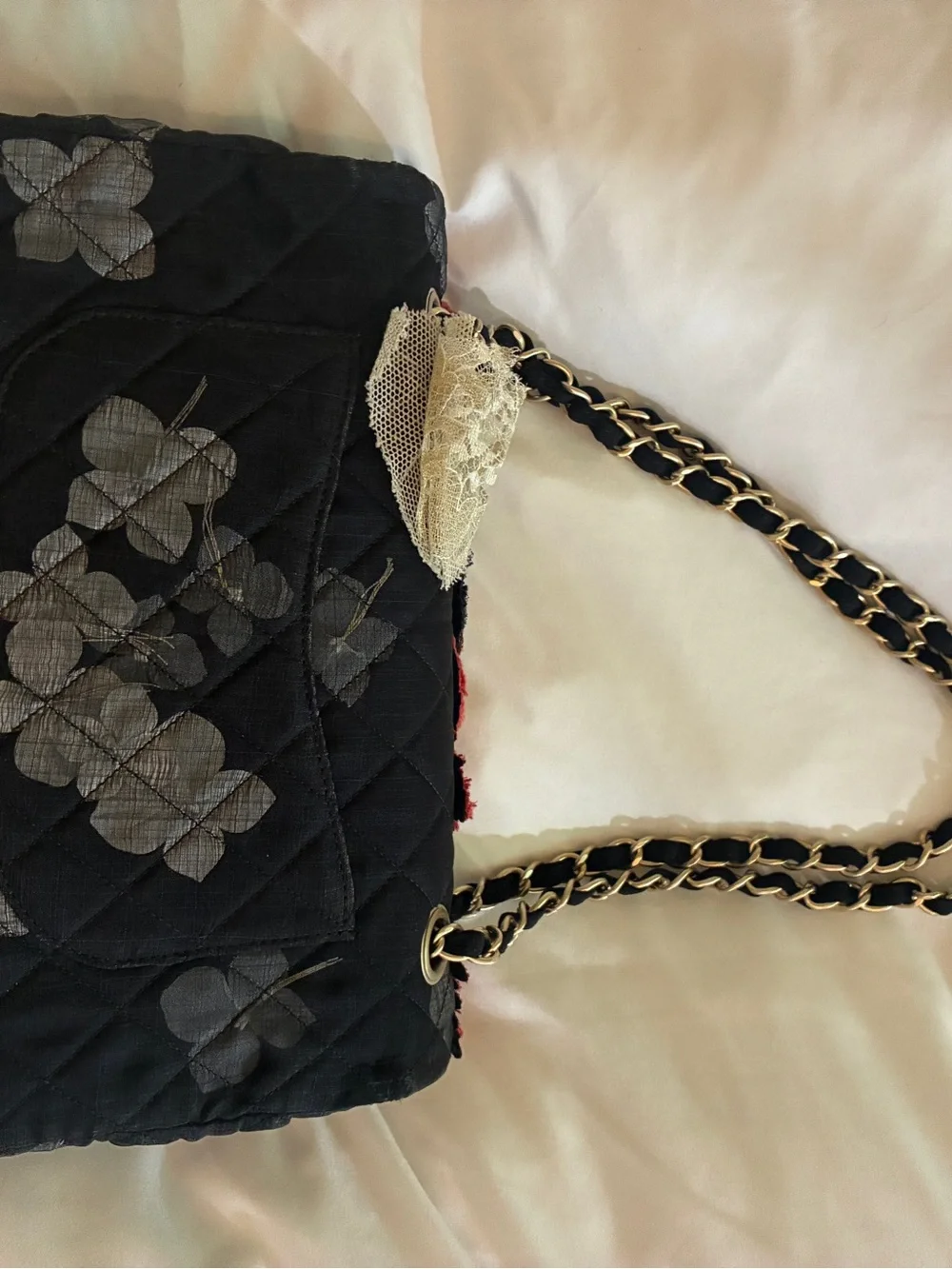 CHANEL Black Quilted Shoulder Bag with Red Floral Appliqués